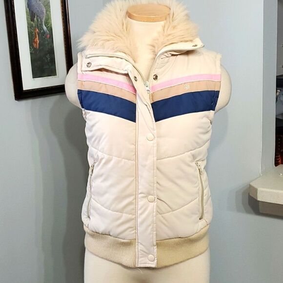 EIVISSA WOMEN'S puffer vest. Size small. Good used condition. Cream, pink & Blue - Picture 1 of 9